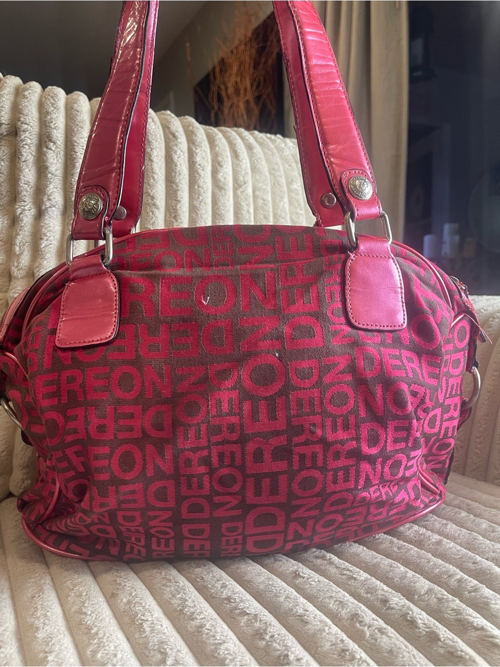 Dereon Pink Brown Monogram Satchel Shoulder Bag Purse Hardware Accents - Picture 3 of 10